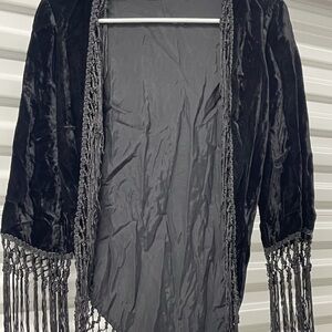 Vintage MW Black Velvet Fringe Kimono Jacket